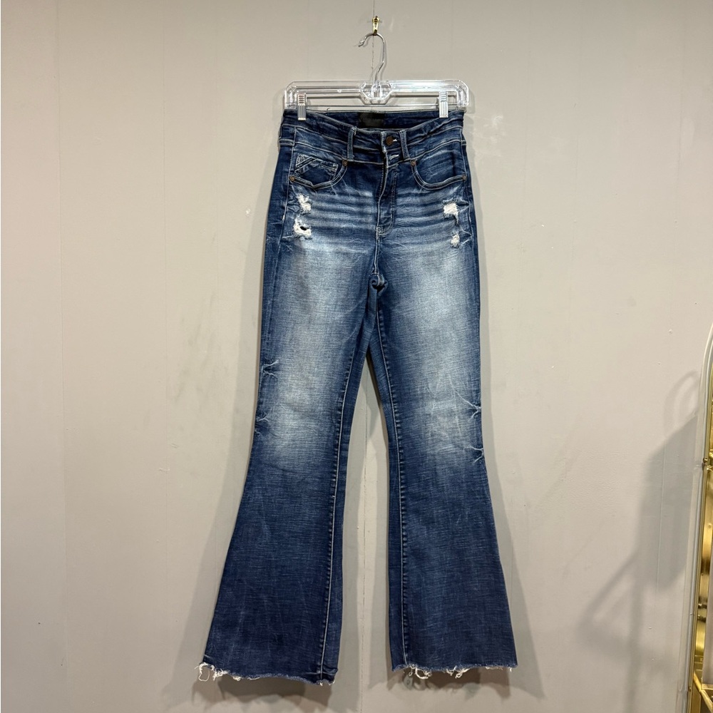 Buckle Distressed Blue Flare Jeans